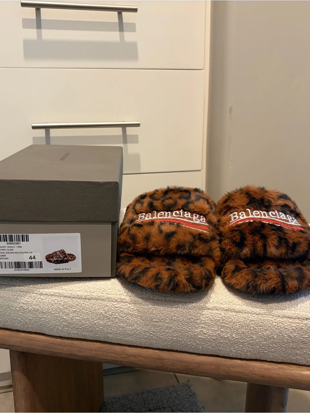 Balenciaga Mens Leopard Faux-Fur Slide Slippers - Brown/Black